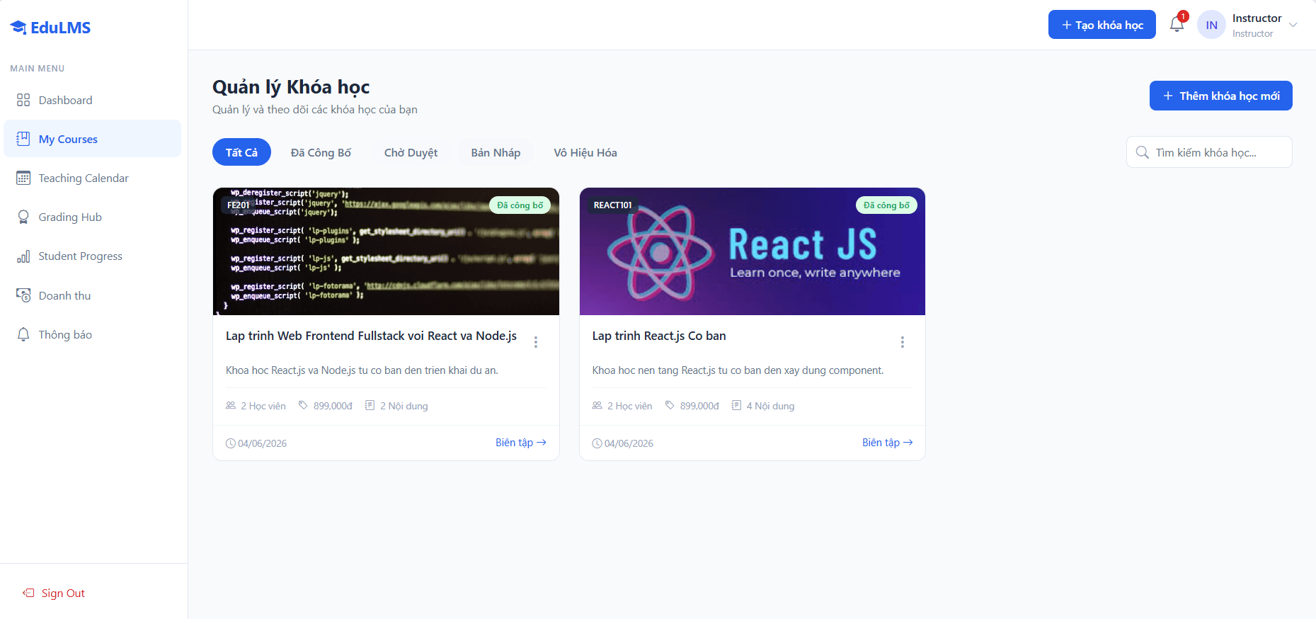 Edu LMS instructor course management screen
